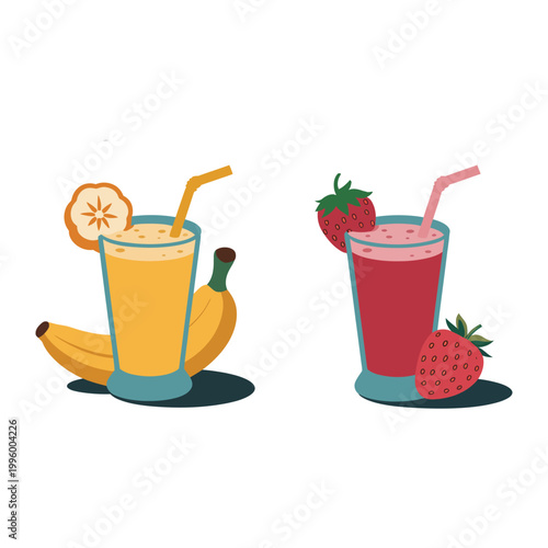 Two glasses of colorful smoothies with straws and ingredients on a light gray background