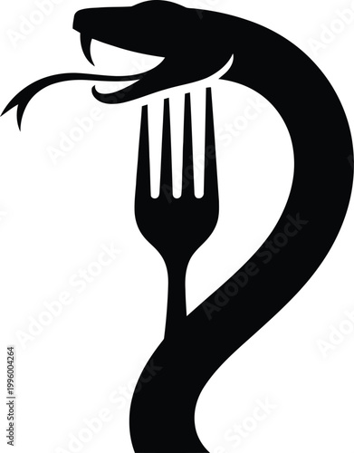 Silhouette of a black cobra snake coiled around a silver fork, representing a dangerous or predatory approach to food and dining concepts, isolated on a white background
