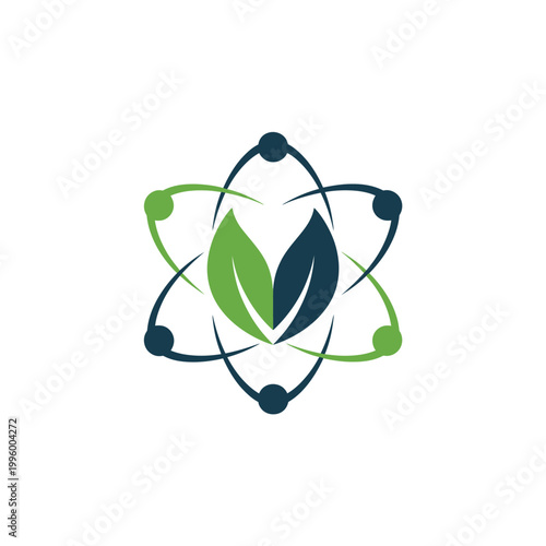 A stylized atomic structure incorporating leaf elements representing bio technology