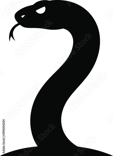 Silhouette of a black cobra snake with its head raised and tongue flicking, portraying a sense of alertness and potential threat, isolated on a white background