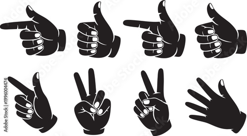 A collection of eight black silhouette hands displaying various finger gestures and pointing directions against a white backdrop high quality professional detailed