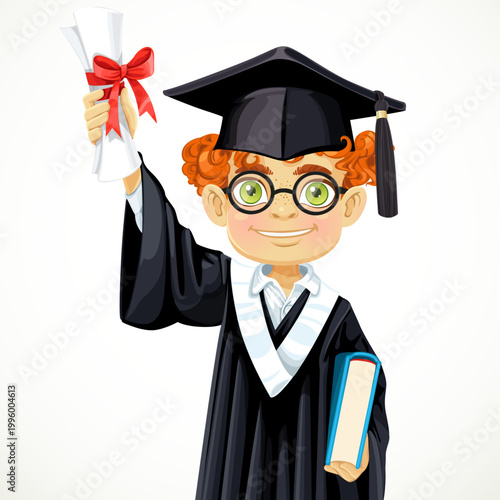 Happy student redhead boy in glasses holding a diploma and book
