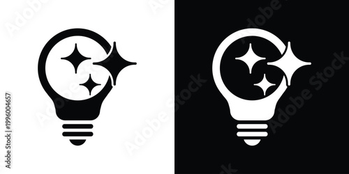 Icon of a light bulb containing sparkling star shapes. Symbolizes creativity, inspiration, brilliant ideas, magic, and illuminating concepts. High-quality black and white vector graphic.