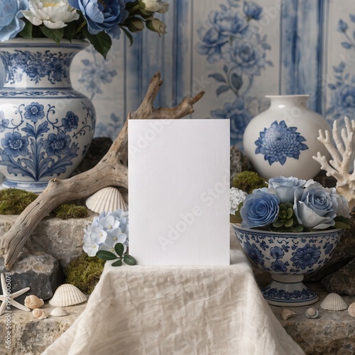 Blue and white coastal still life featuring porcelain ceramics flowers and natural driftwood