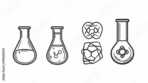 Black and white line art of lab flasks and abstracted molecular structures. Science theme