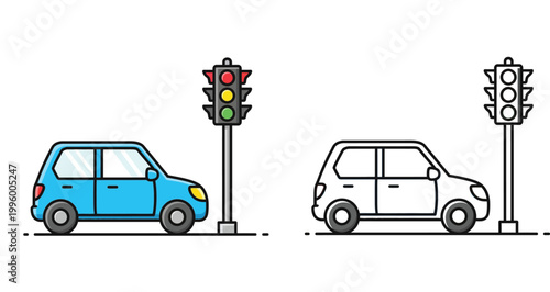 Flat vector illustration of a blue car waiting at a traffic light, featuring both a colored version and a black and white line art outline.