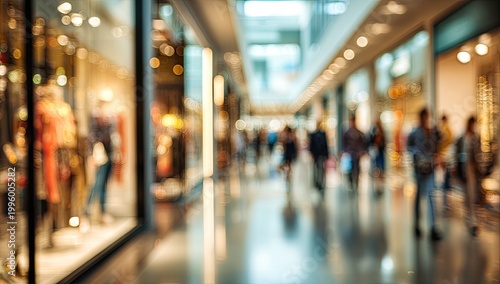 Blurred image of people walking in a modern shopping mall interior.