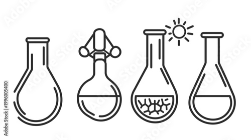 Four stylized beakers with different shapes and contents are displayed in a row against white background