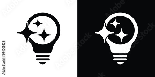 Icon of a light bulb containing sparkling star shapes. Symbolizes creativity, inspiration, brilliant ideas, magic, and illuminating concepts. High-quality black and white vector graphic.