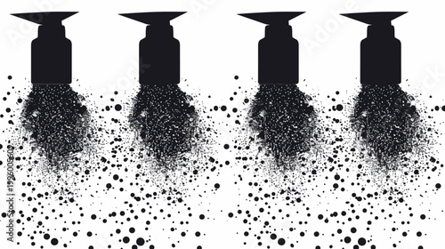 Four black silhouettes dispensing a spray of particles with a scattered effect against white