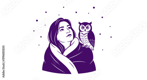 Contemplative woman with an owl on her shoulder looking up