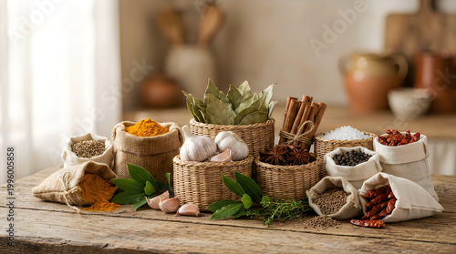 Assorted aromatic spices and herbs in rustic jute bags and wicker baskets including turmeric garlic cinnamon bay leaves star anise and chili peppers on old wooden kitchen table surface.