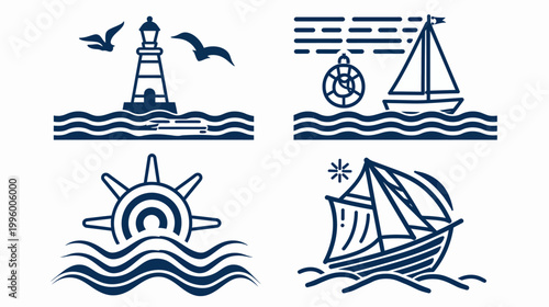 Four nautical design illustrations featuring a lighthouse, sailboat, ship's wheel, and boat