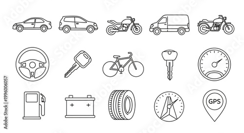 Collection of Transportation and Automotive Icons.