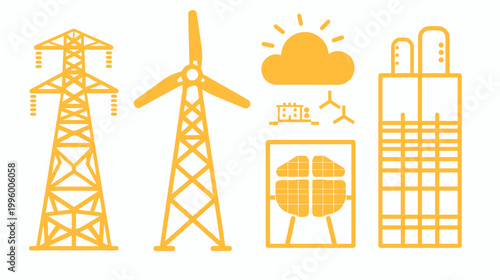 Illustration showing energy production power lines, wind turbine, solar, cloud, factory