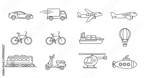 Collection of Hand Drawn Transportation Icons Vector Art.