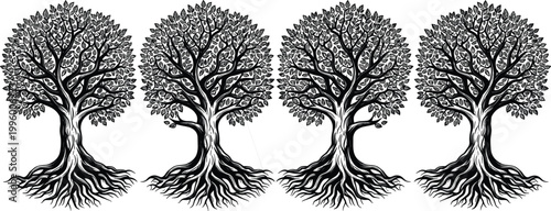 Detailed Black and White Tree Icon Set with Intricate Root Systems and Leafy Canopies for Family Tree Branding, Ancestry Projects, and Nature Themed Designs