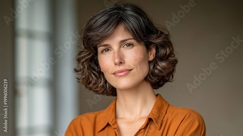Warm, soft light glows behind her. Her brown curls frame a gentle, confident gaze. She wears a rust-colored, textured blouse. Her expression suggests calm assurance
