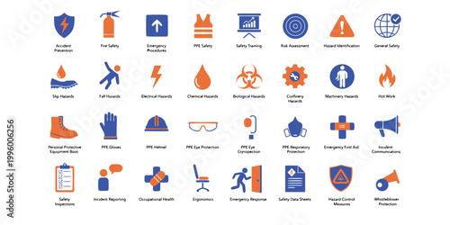 Collection of safety icons for workplace hazard prevention, PPE, emergency response, and first aid.