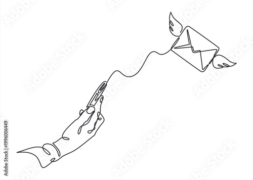 continuous line drawing winged envelope emerges from the screen of smartphone. Technology in hand. Send an Electronic Greeting Card Day.