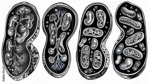 Artistic depiction of microscopic biological structures, arranged in a dark, stylized manner