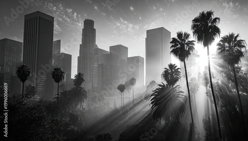Dramatic Black and White Cityscape with Palm Trees and Sun Rays.