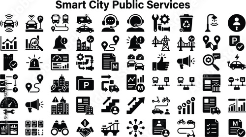 Cuadro en lienzo Smart city public services icon set with transport utilities monitoring safety c