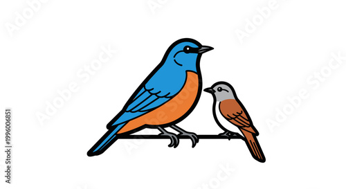 Two Colorful Birds Perched Together on a Branch, Side View.