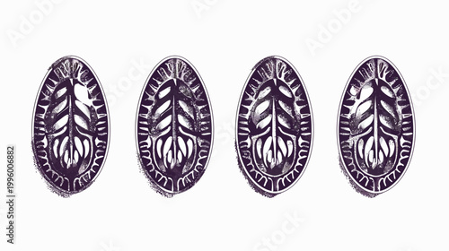 Four stylized, oval shapes arranged horizontally, featuring intricate internal patterns of leaves and curves