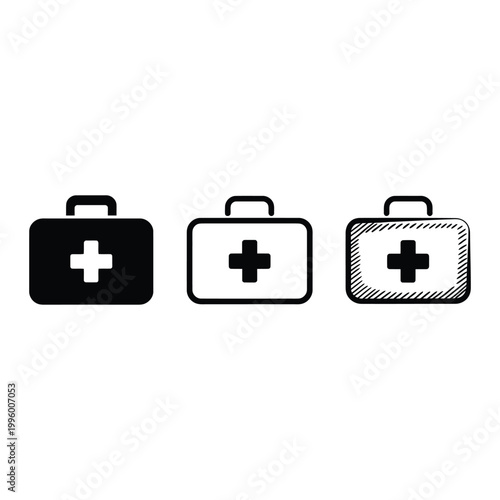 Set of three medical first aid kit icons featuring solid thick shapes and artistic hand drawn sketched graphic design styles now.