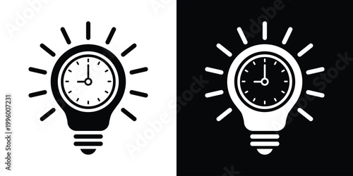 Light bulb icon with a clock face inside and shining rays. Represents time management, deadline awareness, efficient planning, and strategic thinking. Black and white vector design.