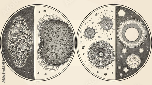 Vintage scientific illustration, likely from 19th-century, depicting biological and cell-related studies