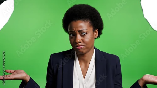Woman Expressing Disappointment and Confusion on Green Screen.