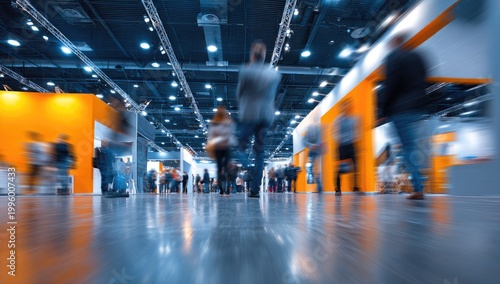 Blurred motion of people walking through a modern exhibition hall with bright orange accents.