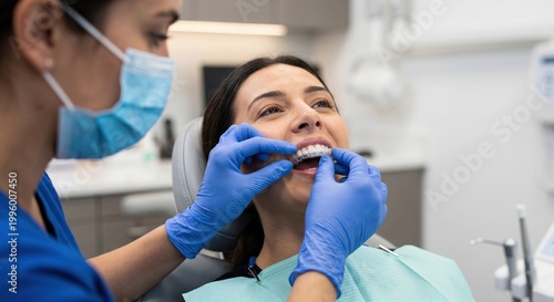 Orthodontist fitting clear aligner onto teeth shows modern orthodontic treatment, patient instruction and practical aligner care in orthodontics clinic setting.