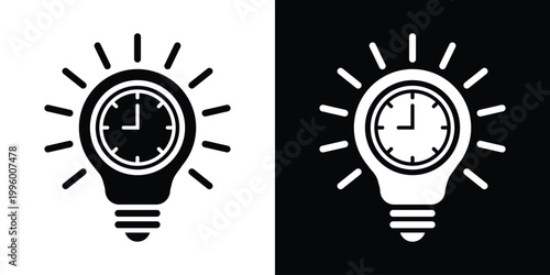 Light bulb icon with a clock face inside and shining rays. Represents time management, deadline awareness, efficient planning, and strategic thinking. Black and white vector design.
