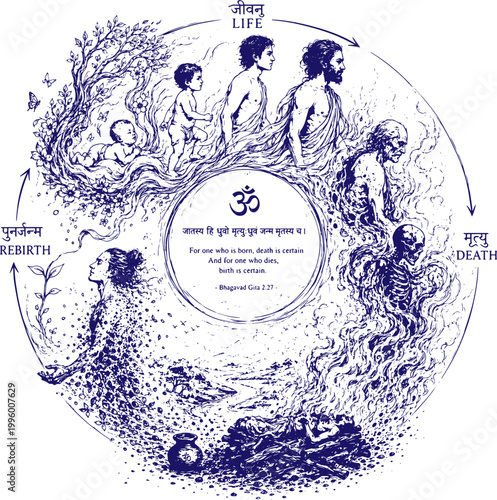 sketch illustrating the cycle of life death and rebirth spiritual symbolism eternal existence philosophical art minimal ink drawing