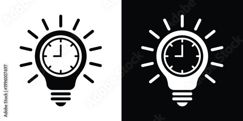Light bulb icon with a clock face inside and shining rays. Represents time management, deadline awareness, efficient planning, and strategic thinking. Black and white vector design.