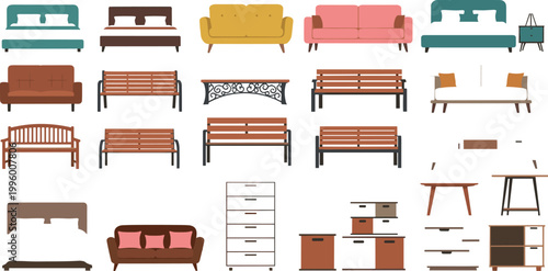 Wooden furniture vector set with benches sofas tables cabinets and home interior decor elements flat illustration collection