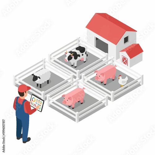 Farmer using tablet to manage livestock on modern farm.