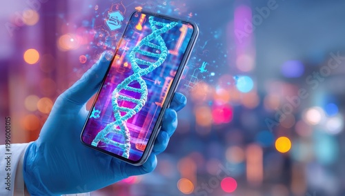 Smartphone displays glowing DNA helix in futuristic science laboratory.
