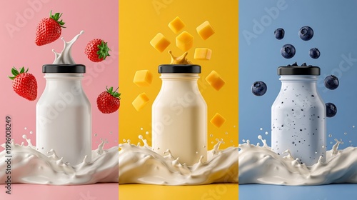 Three milk bottles splash with fruit against vibrant backdrops. Strawberries, mango, and blueberries float in creamy splashes. Each bottle stands bold against colored panels