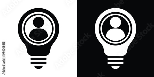 Minimalist icon of a light bulb with a human head silhouette inside. Represents personal innovation, creative thinking, human insight, and bright ideas. Vector black and white illustration.