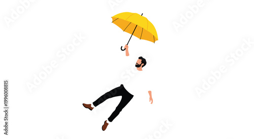 A minimalist illustration depicts a man levitating with a bright yellow umbrella above him
