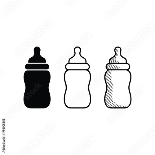 Baby bottle collection with different styles including solid fill outline and sketched artistic drawings on transparent background.