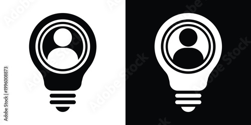 Minimalist icon of a light bulb with a human head silhouette inside. Represents personal innovation, creative thinking, human insight, and bright ideas. Vector black and white illustration.