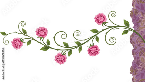 Elegant Pink Rose Vine with Decorative Leaves and Floral Border