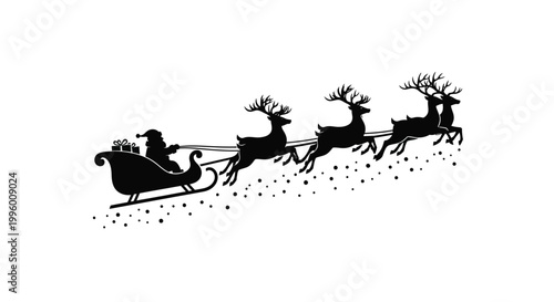 A silhouetted image depicts santa claus riding in a sleigh pulled by eight majestic reindeer