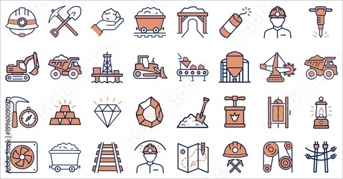 32 minimalist mining icons in navy and terracotta line art. Features miners, carts, machinery, and gems. Clean, geometric, flat vector style with editable strokes on a white background