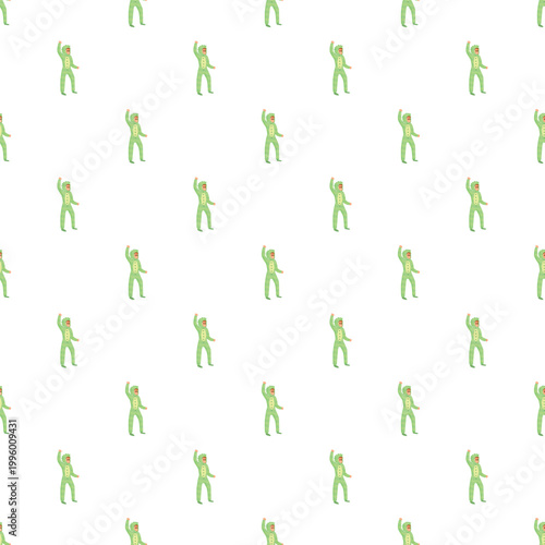 Seamless pattern featuring a child character wearing a green dinosaur onesie pajama